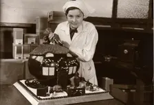 Easter egg decorated as a house, Rowntree factory, York, Yorkshire, 1936