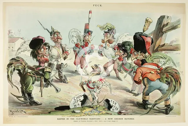 Easter in the Old World Barnyard, from Puck, 1895. Creator: Joseph Keppler.