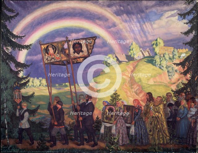Easter procession, 1915. Artist: Kustodiev, Boris Michaylovich (1878-1927)