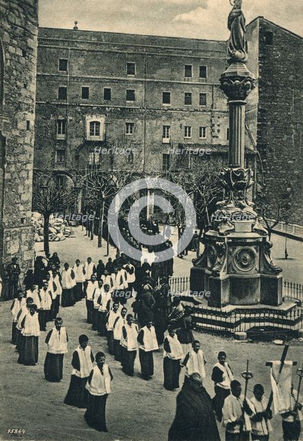 Easter procession at the monastery of Montserrat, the Via Crucis, postcard from 1920s.