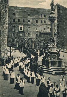 Easter procession at the monastery of Montserrat, the Via Crucis, postcard from 1920s