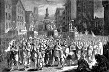 Easter procession in Spain, Holy Thursday in Barcelona, ??German engraving from 1868