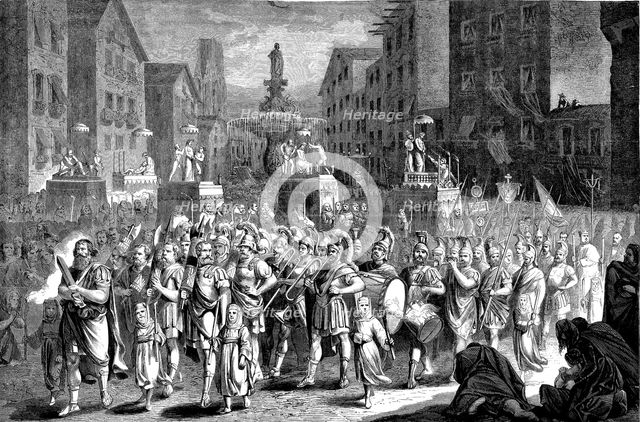 Easter procession in Spain, Holy Thursday in Barcelona, ??German engraving from 1868.