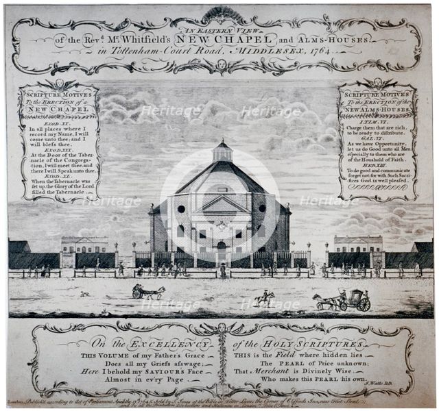 Eastern view of Whitefield's Tabernacle, Tottenham Court Road, St Pancras, London, 1764. Artist: Anon