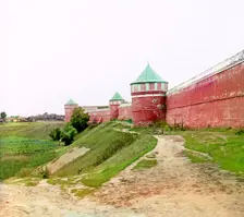 Eastern wall of the Spaso-Yevfimiev Monastery, Suzdal, 1912. Creator: Sergey Mikhaylovich Prokudin-Gorsky