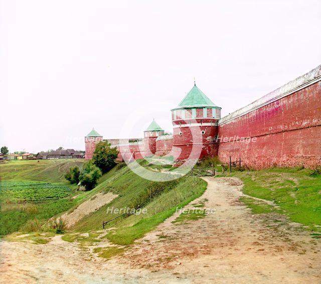 Eastern wall of the Spaso-Yevfimiev Monastery, Suzdal, 1912. Creator: Sergey Mikhaylovich Prokudin-Gorsky.