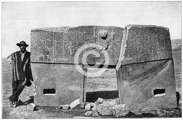 Eastern aspect of the monolithic gate of Akapana, Tiahuanaco, Bolivia, 1901. Artist: Unknown