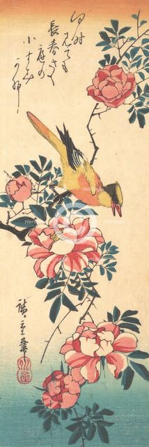 Eastern Grey Wagtail and Rose, early 1830s., early 1830s. Creator: Ando Hiroshige.