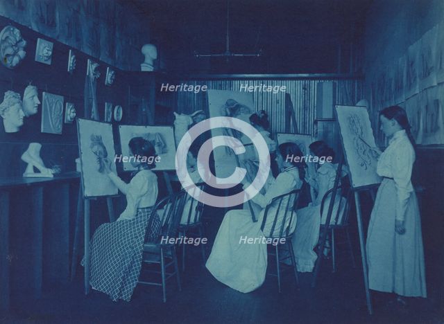 Eastern High School, Washington, D.C. - 6 girls in art class, drawing at easels, (1899?). Creator: Frances Benjamin Johnston.