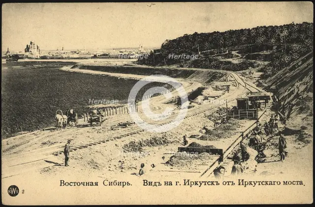 Eastern Siberia. View of the city of Irkutsk from the Irkutsk Bridge. Glazkovskoe suburb, 1900-1904. Creator: Unknown.