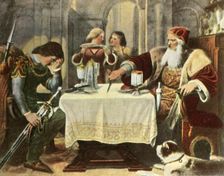 Eberhard cuts in half the tablecloth between himself and his son Ulrich, 1377, (1936). Creator: Unknown