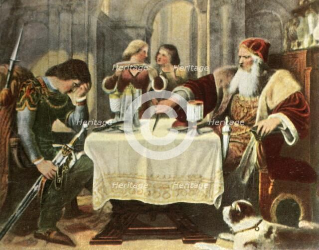 Eberhard cuts in half the tablecloth between himself and his son Ulrich, 1377, (1936). Creator: Unknown.