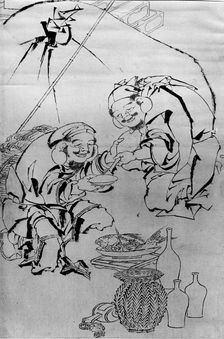 Ebisu and Daikoku Celebrating the New Year Festival, 18th-19th century. Creator: Attributed to Katsushika Hokusai (Japanese, Tokyo (Edo) 1760-1849 Tokyo (Edo))