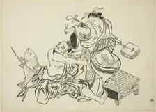 Ebisu flirting with a courtesan, no. 3 from a series of 12 prints, c. 1708. Creator: Okumura Masanobu