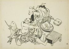 Ebisu flirting with a courtesan, no. 3 from a series of 12 prints, c. 1708. Creator: Okumura Masanobu