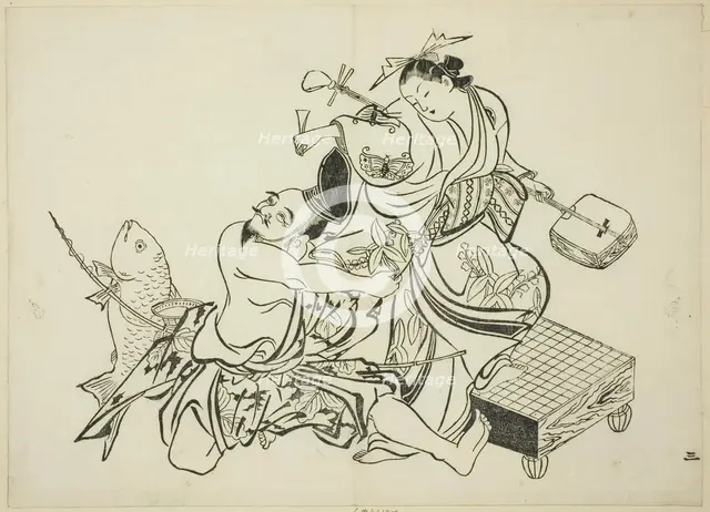 Ebisu flirting with a courtesan, no. 3 from a series of 12 prints, c. 1708. Creator: Okumura Masanobu.
