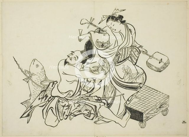 Ebisu flirting with a courtesan, no. 3 from a series of 12 prints, c. 1708. Creator: Okumura Masanobu.