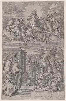 Ecclesiastics in a landscape writing, others in the heavenly realm above, c1650. Creator: Giovanni Cesare Testa