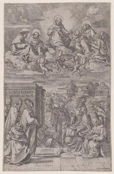 Ecclesiastics in a landscape writing, others in the heavenly realm above, c1650. Creator: Giovanni Cesare Testa