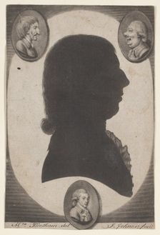 Edward Beetham, bust in profile to right in an oval, with two caricature heads, 1770-1818. Creator: Isaak Jehner