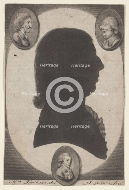 Edward Beetham, bust in profile to right in an oval, with two caricature heads, 1770-1818. Creator: Isaak Jehner.