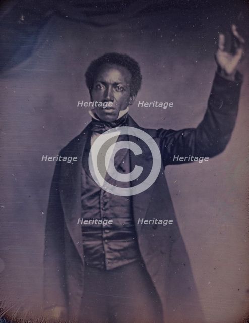 Edward J. Roye, three-quarter length portrait, standing, with hand raised, between 1856 and 1858. Creator: Augustus Washington.