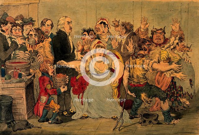 Edward Jenner vaccinating patients in the Smallpox and Inoculation Hospital at St  Pancras... Creator: James Gillray.