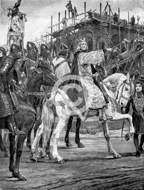 Edward the Confessor watching the building of Westminster Abbey, c1050, (c1920).Artist: Richard Caton Woodville II