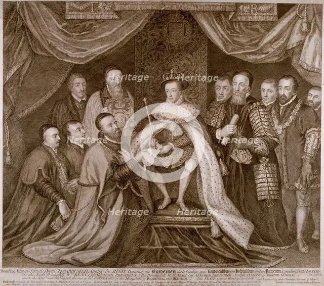 Edward VI signing a charter giving Bridewell to the City of London for a workhouse, 1552 (1750). Artist: George Vertue
