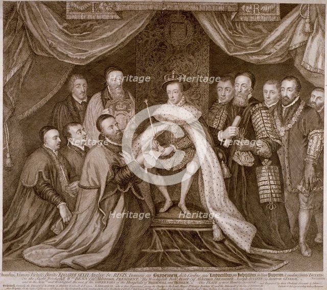 Edward VI signing a charter giving Bridewell to the City of London for a workhouse, 1552 (1750). Artist: George Vertue