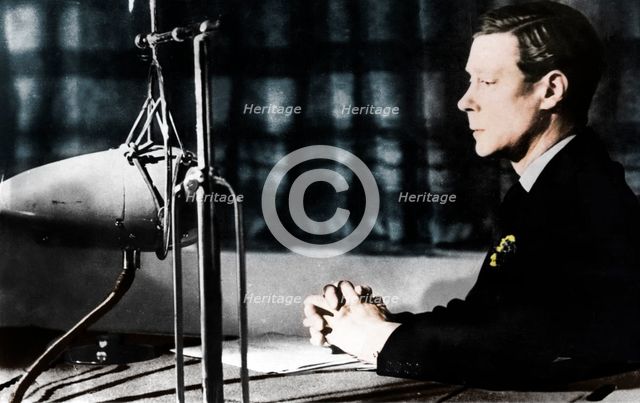 Edward VIII giving his abdication broadcast to the nation and the Empire, 11th December 1936.   Artist: Unknown.