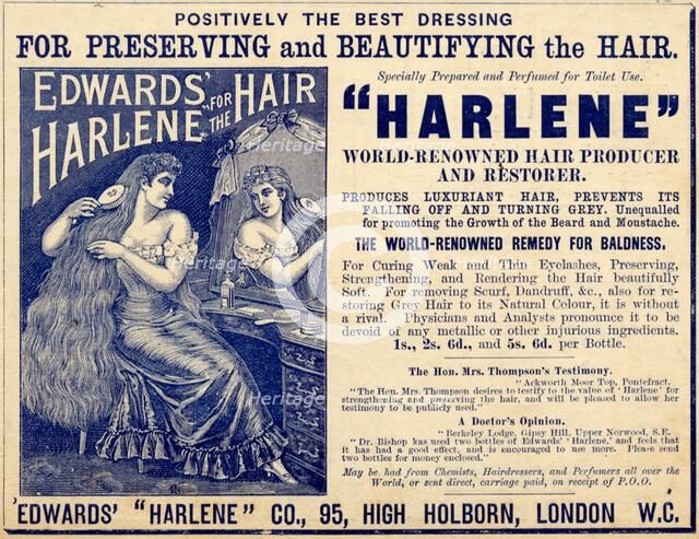 Edwards Harlene hair dressing, 1890s. Artist: Unknown