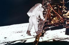 Edwin Buzz Aldrin descends the steps of the Lunar Module ladder to walk on the Moon, 1969.Artist: NASA