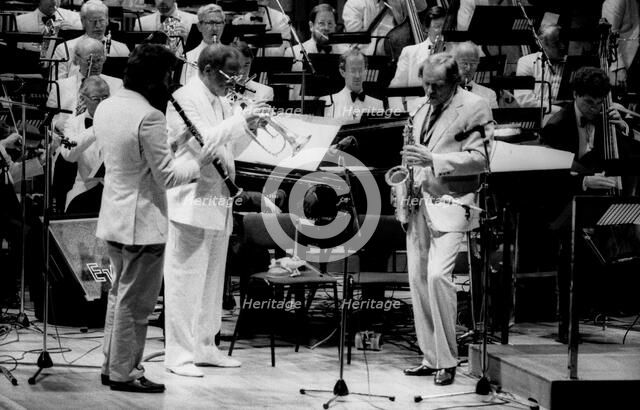 Eddie Daniels, Clark Terry and John Dankworth, Barbican, London, 1986.   Artist: Brian O'Connor.
