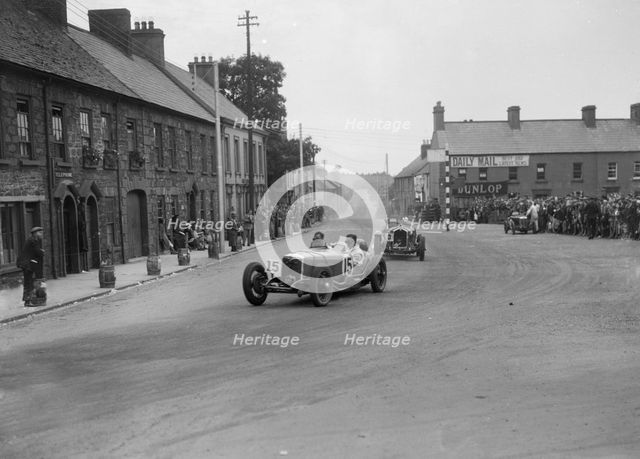 Edgar Maclure's Riley leading Tim Birkin's Alfa Romeo, RAC TT Race, Ards Circuit, Belfast, 1932. Artist: Bill Brunell.