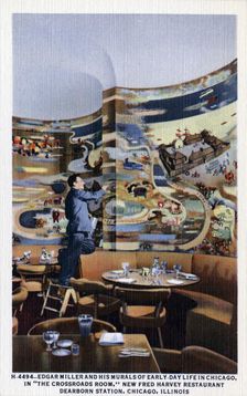 Edgar Miller painting murals at Dearborn Station, Chicago, Illinois, USA, 1940