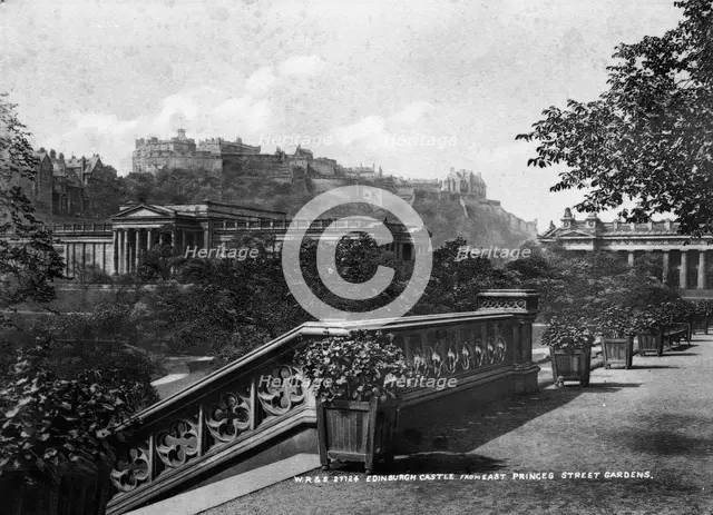 Edinburgh Castle and National Galleries from East Princes Street Gardens Creator: Unknown.