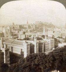 Edinburgh, from Calton Hill, S.W. to the Castle, over old burial ground, Scotland 1902. Creator: Underwood & Underwood
