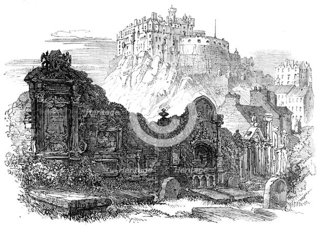 Edinburgh: the Castle, from the Greyfriars' Cemetery, 1864. Creator: Unknown.