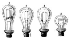 Edison's incandescent lamps showing various forms of carbon filament, 1883. Creator: Unknown