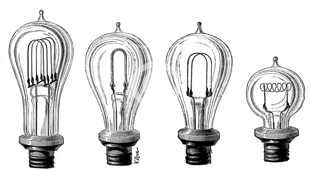 Edison's incandescent lamps showing various forms of carbon filament, 1883. Creator: Unknown.