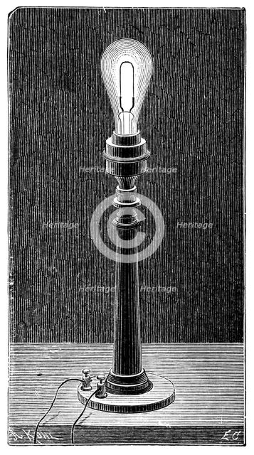 Edison's incandescent light globe in a table lamp fitting, 1891. Creator: Unknown.