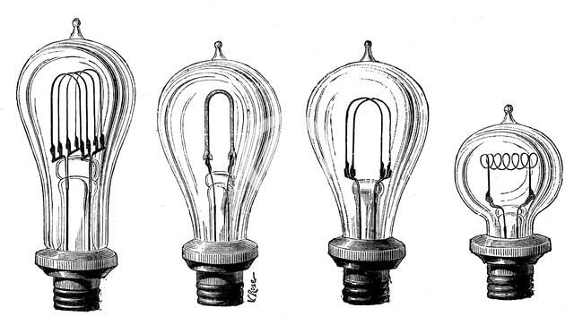 Edison's incandescent lamps showing various forms of carbon filament, 1883. Artist: Unknown