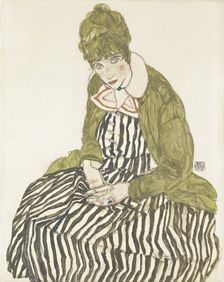 Edith Schiele in Striped Dress, Seated, 1915. Artist: Schiele, Egon (1890–1918)