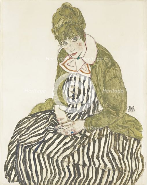 Edith Schiele in Striped Dress, Seated, 1915. Artist: Schiele, Egon (1890–1918)
