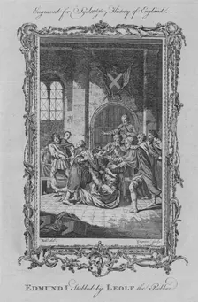 Edmund I stabbed by Leolf the Robber 1773. Creator: Charles Grignion