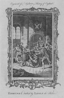Edmund I stabbed by Leolf the Robber 1773. Creator: Charles Grignion