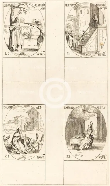 Edmund, King of England, Martyr; Presentation of the Virgin; St. Columba; St. Cecil. Creator: Jacques Callot.