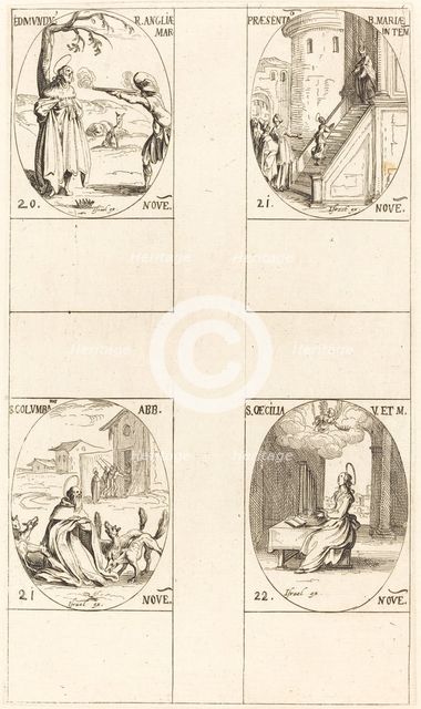 Edmund, King of England, Martyr; Presentation of the Virgin; St. Columba; St. Cecil. Creator: Jacques Callot.