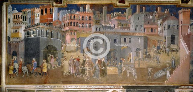 Effects of Good Government in the city (Cycle of frescoes The Allegory of the Good and Bad Government), 1338-1339. Artist: Lorenzetti, Ambrogio (ca 1290-ca 1348)